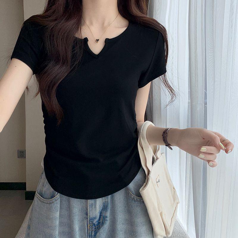 

Дизайнерская чувственная футболка с V-образным вырезом и короткими рукавами для женщин. Лето. Новый облегающий топ с короткими плечами и талией. XL чёрный
