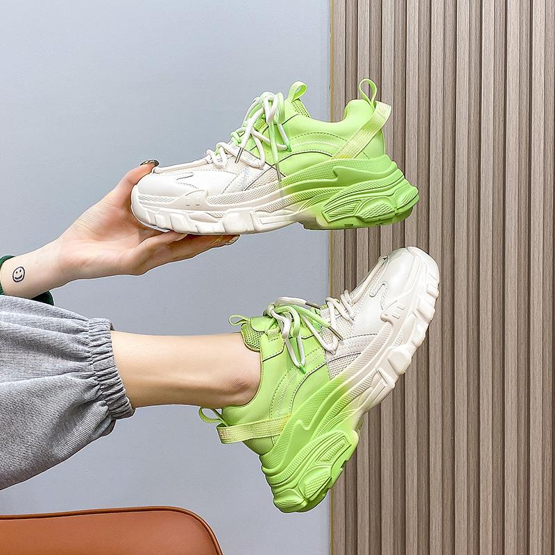 Platform Dad Shoes Women's 2025 Autumn New Leather Green Contrasting Color Gradual Change Ins Women's Shoes Casual Sports Shoes
