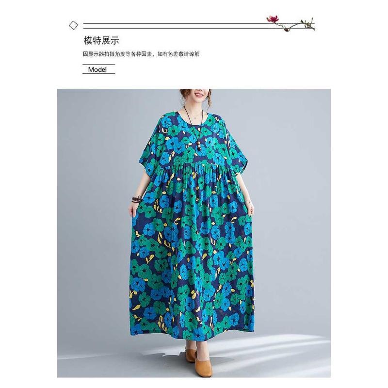 Summer New Literary Large Size Loose and Large Printed Round Neck Short Sleeve Dresses