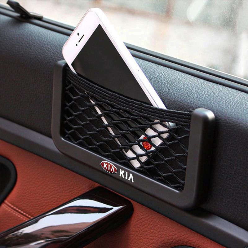 Car Organizer Storage Bag Auto Paste Net Pocket Phone Holder Car Goods For Kia Rio 3 K2 Ceed Cerato K3 Sportage 4 Picanto K5 Optima Sorento Forte
