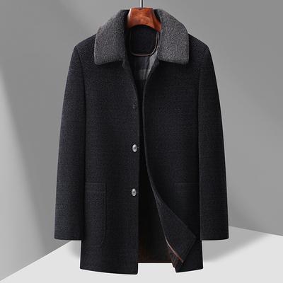 Winter Men's Chenier Coat Medium and Long Turned Collar Coral Fleece Thickened Warm Woolen Coat Jacket