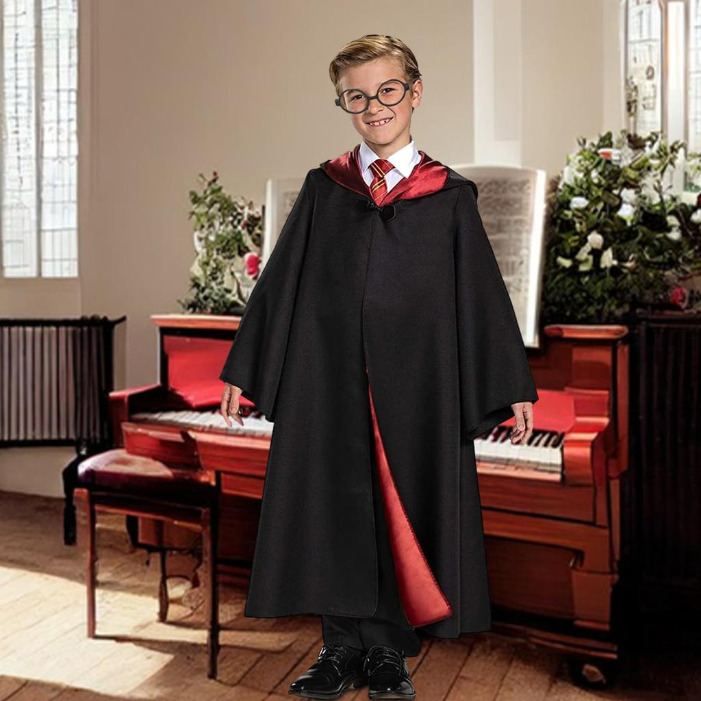 [Formemory] Halloween Magic Cosplay Gryffindor Costume Complete Deluxe 8-Piece Set (9 Sizes) Includes Magic Wand, Necklace, Bracelet, Magic Hat, and P