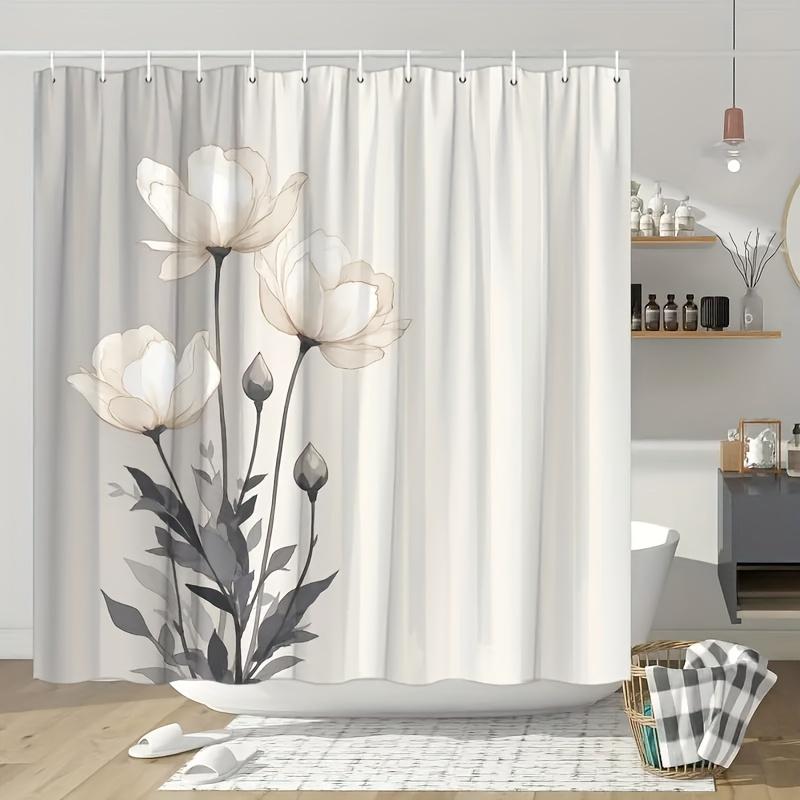 

White Floral Bath Curtain - Ruffled Edge, Machine Washable Polyester, Elegant Shower Curtain For Modern Bathroom Decor W60H190(CM)-1 Pcs
