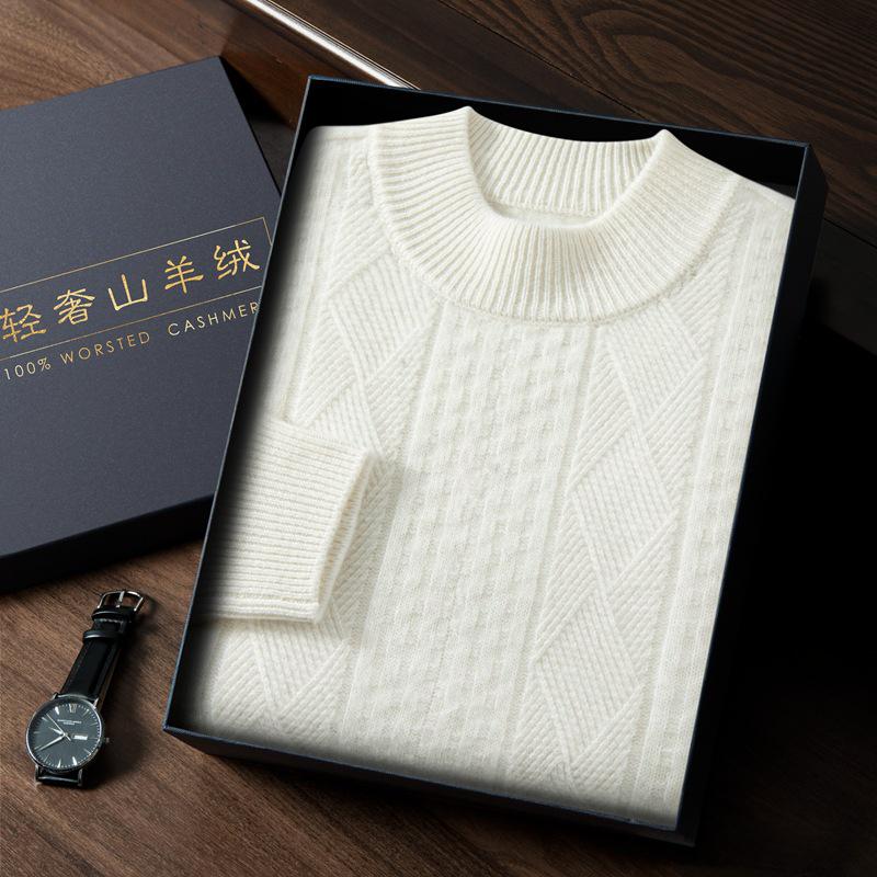 Men's Thickened Cashmere Sweater - Half High Neck Wicker Cable Knit