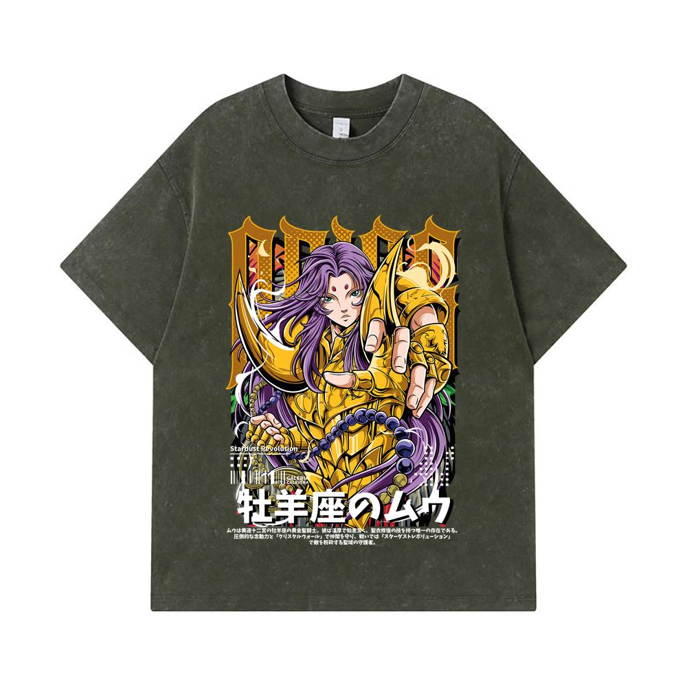

275 GSM Washed T-shirts 100% Cotton Saint Seiya V26 Aries Print Unisex Heavy Cotton T Shirt S армия зеленый