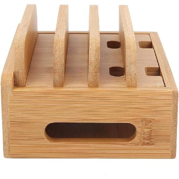 Oumefar Bamboo Multi-Device Stand Holder Charging Station Phone Tablet Charger Organizer 4 in 1 Charging Station for Multiple Devices for Meeting