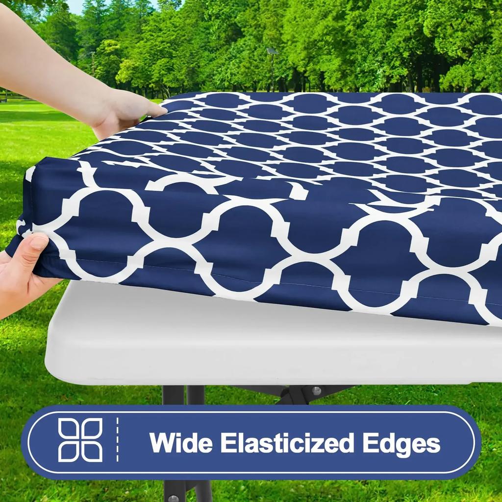 Waterproof Table Cover Rectangle | Elastic Fitted Tablecloths 6 Foot | Outdoor Table Cloth Polyester