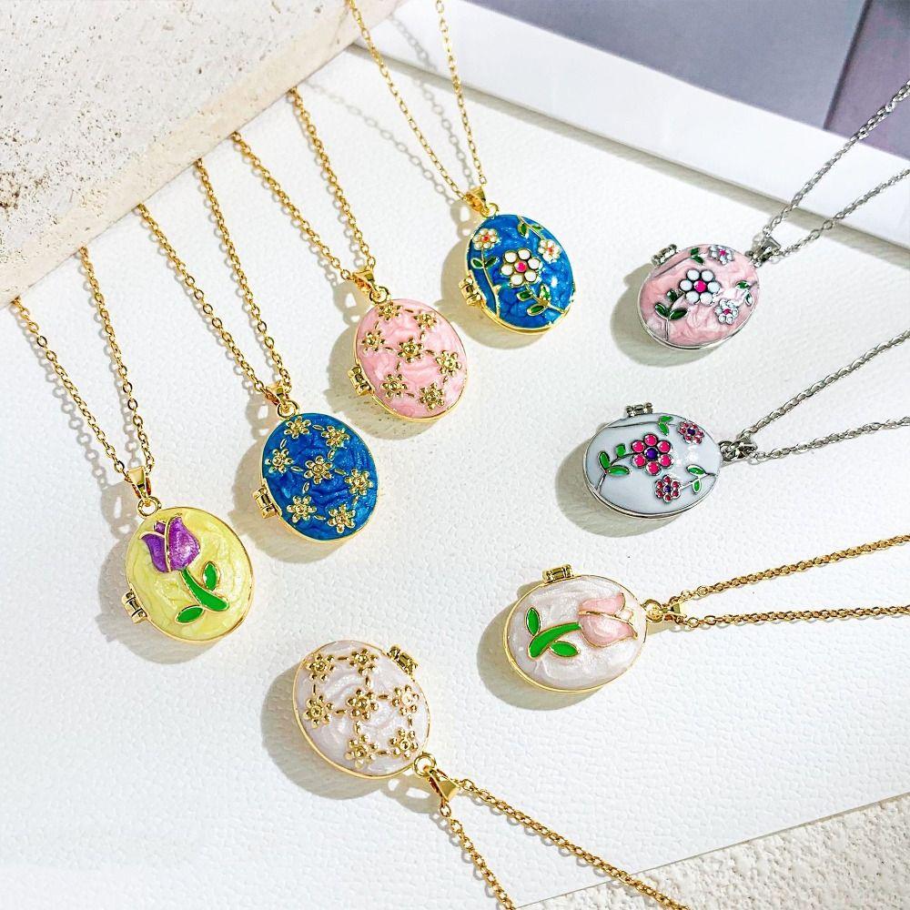 Titanium Steel Photo Locket Pendant Necklace Openable Glazed Flower Choker  Girl