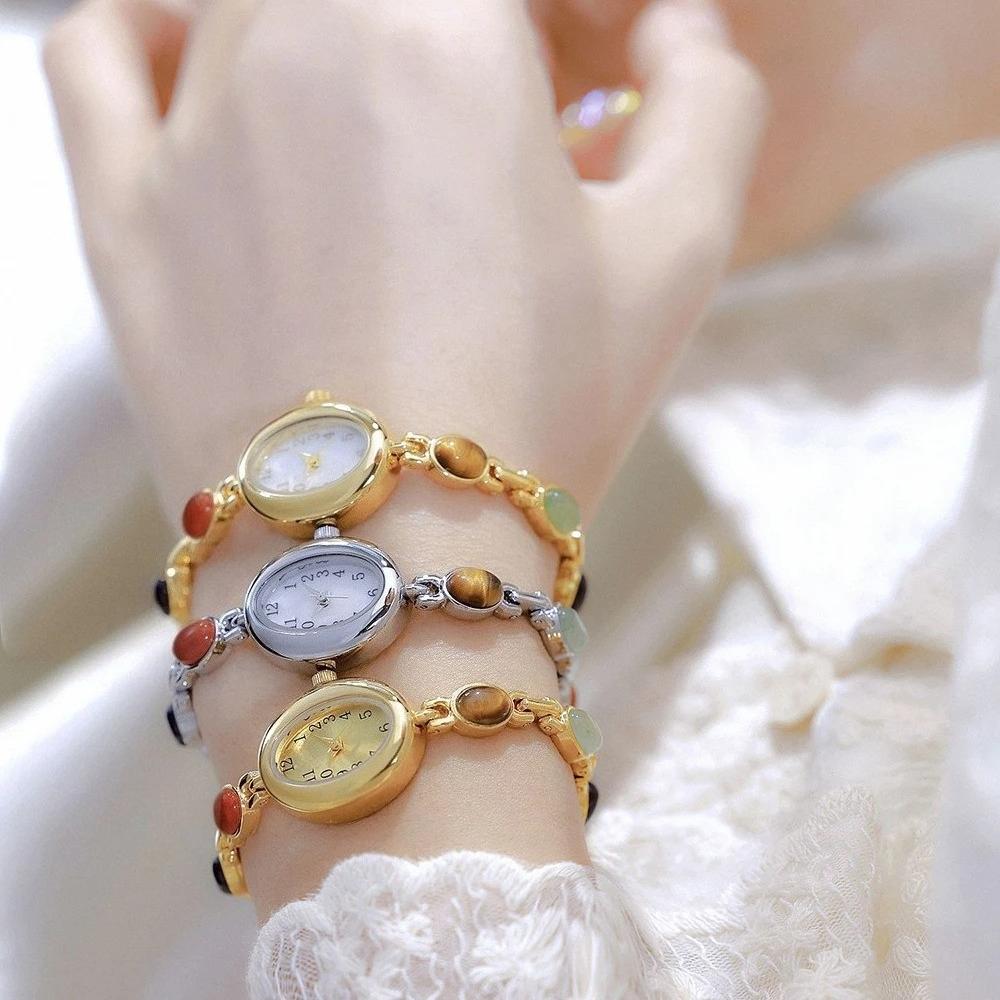 Women's Vintage Colorful Jade Bracelet Wristwatches Clock Oval Dial Quartz Waterproof Watch