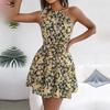 Frühling Sommer Neckholder Krawatte Offenes Rückenfreies Blumen Langes Kleid Unregelmäßige Urlaubskleider S-XL