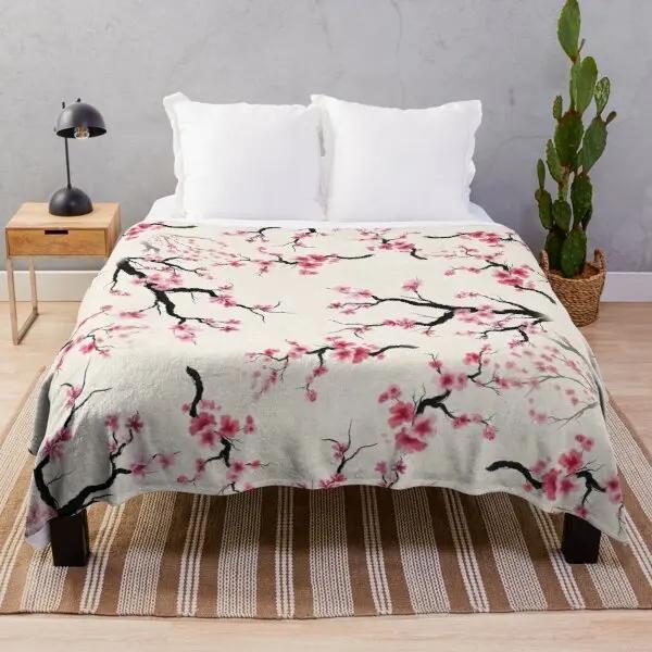 White Pink Cherry Blossom Flannel Throw Blanket Romantic Flowers King Queen Full Size For Living Room Sofa Couch Lightweight