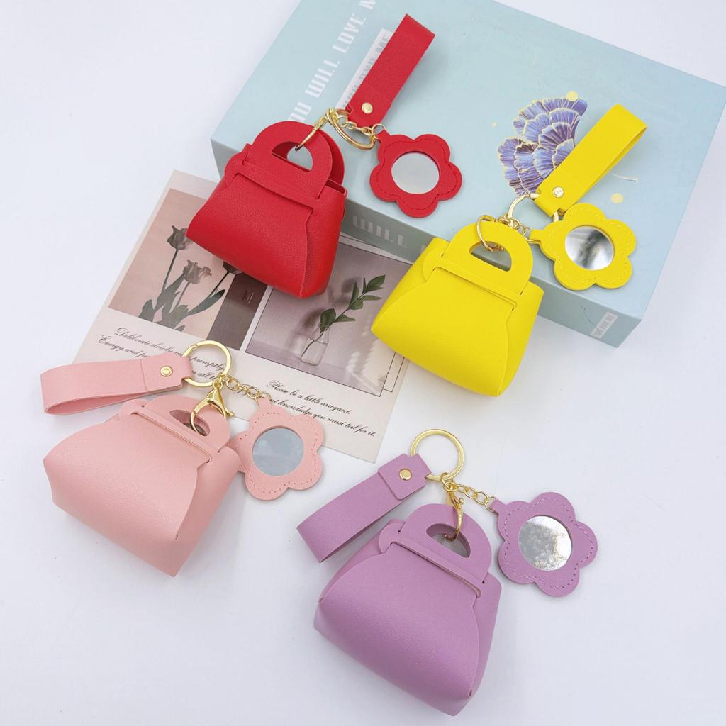 Korean Leather Handbag Keychain with Mini Mirror and Pouch Charm