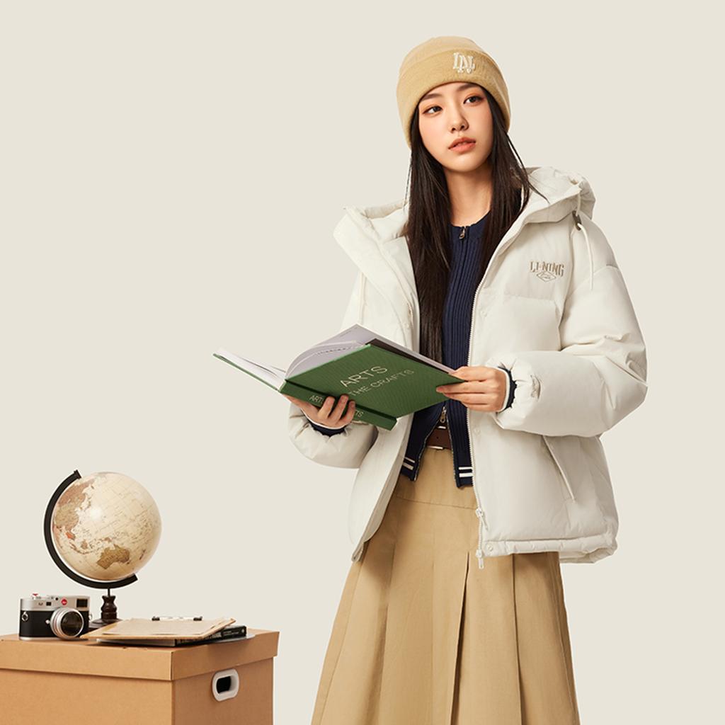 Li Ning Sports Lifestyle Series Solid Color Zipper Hooded Versatile Casual Down Jacket Women Outerwear Off-White AYMV386-6