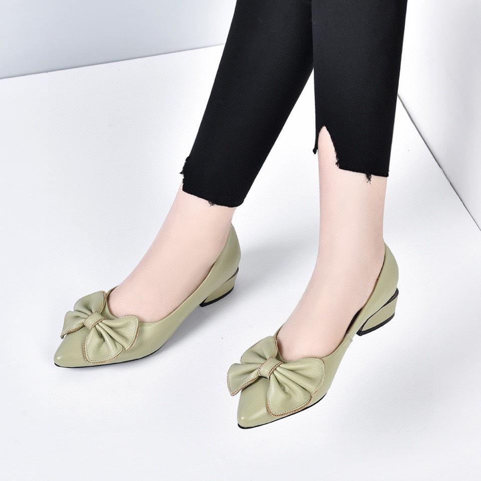 Pointed women's single shoes spring new comfortable first layer cowhide low heel shallow mouth women's shoes bow women's flats