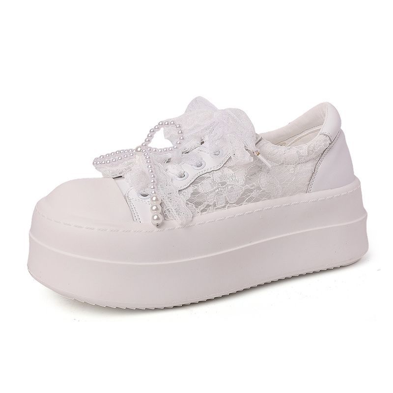 Thick-soled Heightening Little White Shoes Women's Spring New Shoes Pearl Lace-up Bow Casual Shoes Lace Mesh Tide