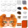 DIY Kit Blank Cat Mask Making Kit Paper Mache Fabric Straps Animal Half Face Mask Mesh Stickers Plush Faux Fur
