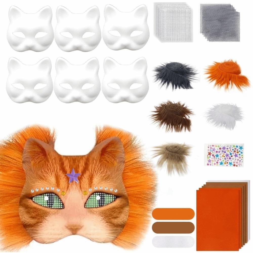 DIY Kit Blank Cat Mask Making Kit Paper Mache Fabric Straps Animal Half Face Mask Mesh Stickers Plush Faux Fur