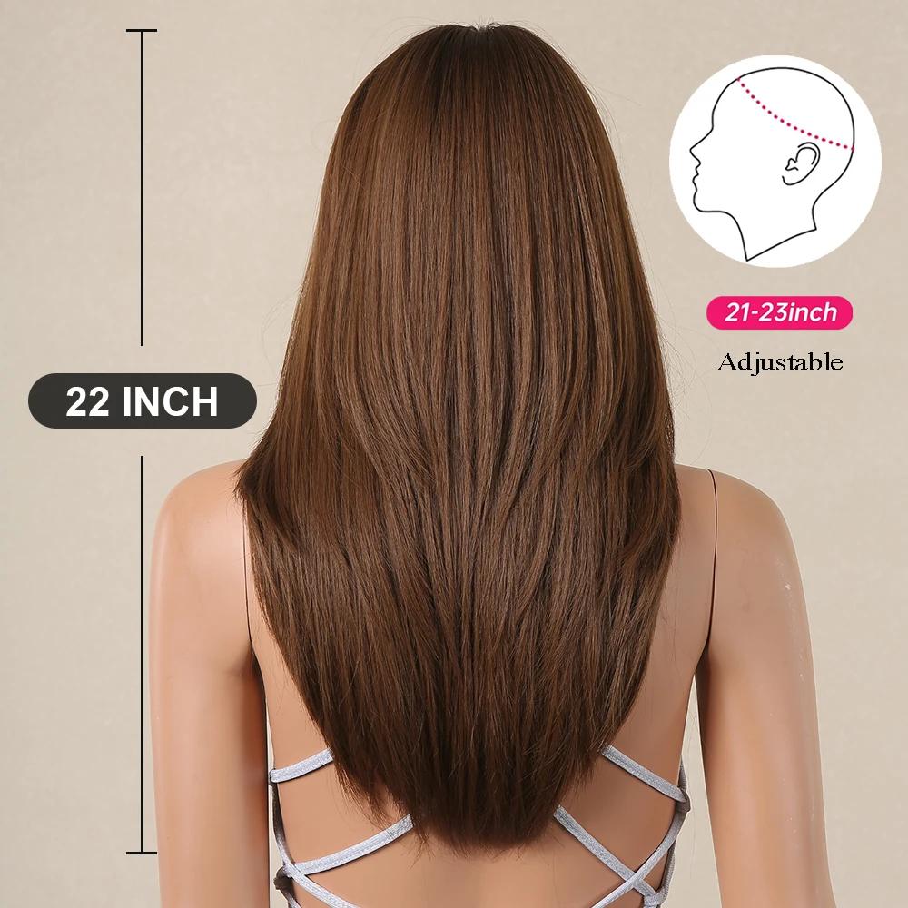 EASIHAIR Long Straight Layered Wigs with Bangs Brown Synthetic Wig Silky Daily Party Natural Hair Wig for Women Heat Resistant Fake Hair