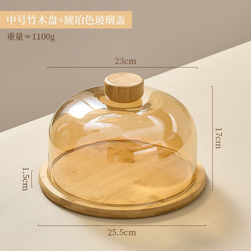 Simple Wood Round Fruit Dessert Tray Retro Bamboo Wood Cake Tray Home Living Room Table Fruit Snack Dessert Plating Glass Cover