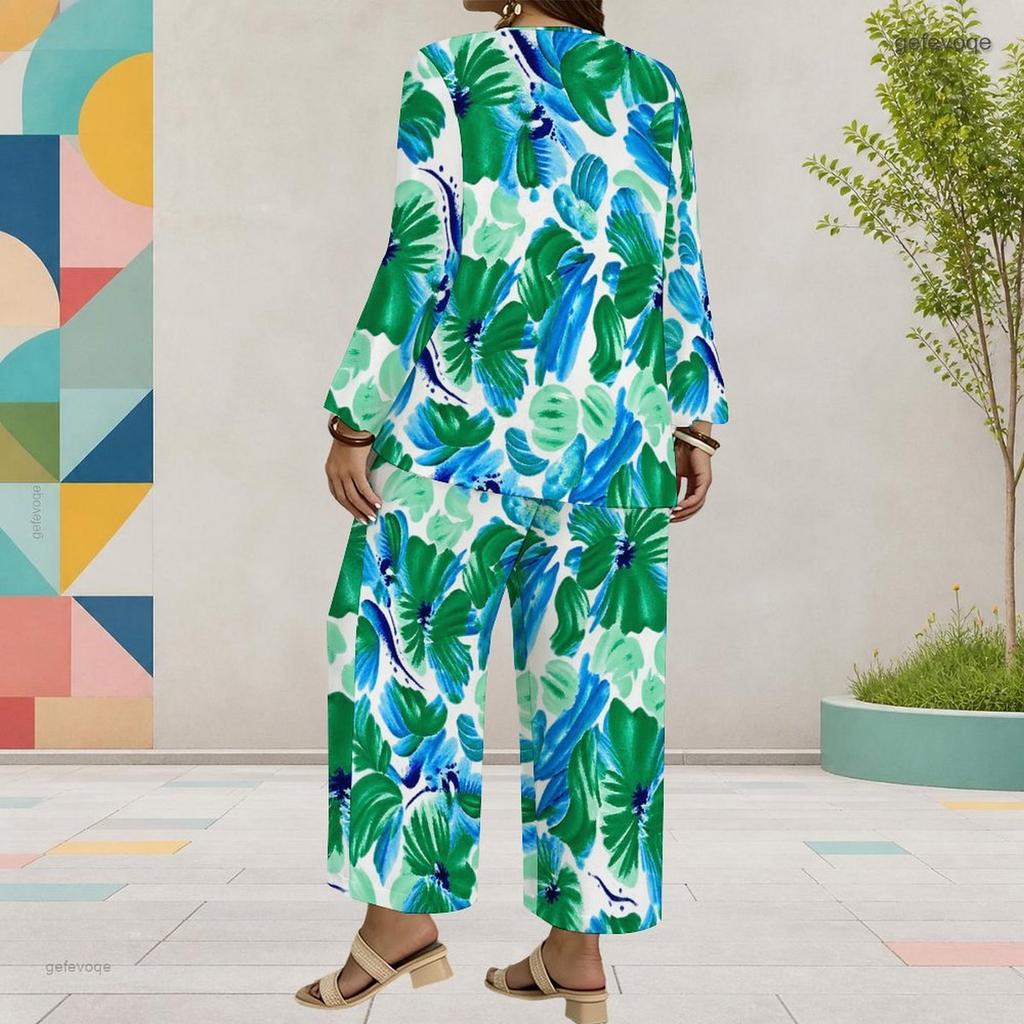 Women Plus Size Two Piece Set Round Neck Long Sleeve Printed Layered Top Green Blue Wide Leg Cropped Pants