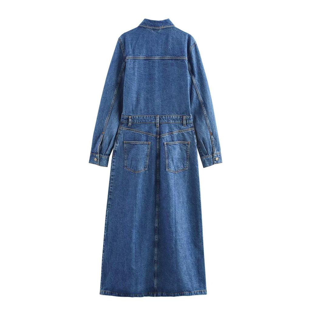 2025 Spring Women's Casual Loose Denim Midi Dress with Button Decor
