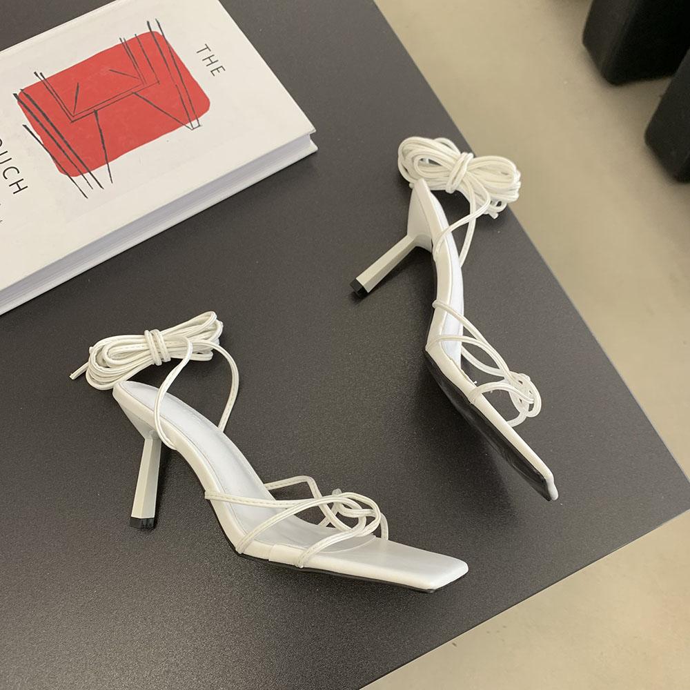 fashion Open Toe Women Sandals Narrow Band Summer Outside Dress Shoes Thin High Heels Black White Purple Cross Ankle Strap Sandals 35-39