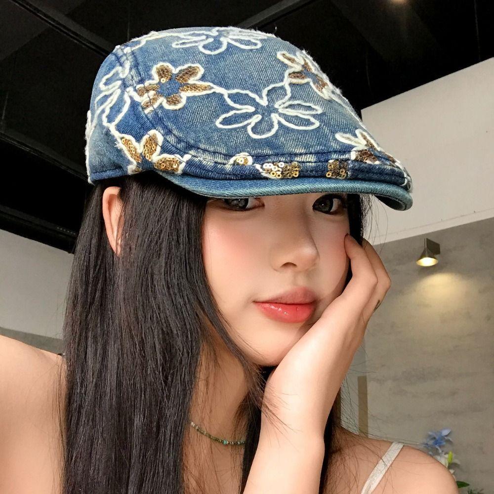 Y2k Denim Forward Cap Ethnic Style Sequin Newsboy Cap Embroidery Flower Forward Hat  Outdoor