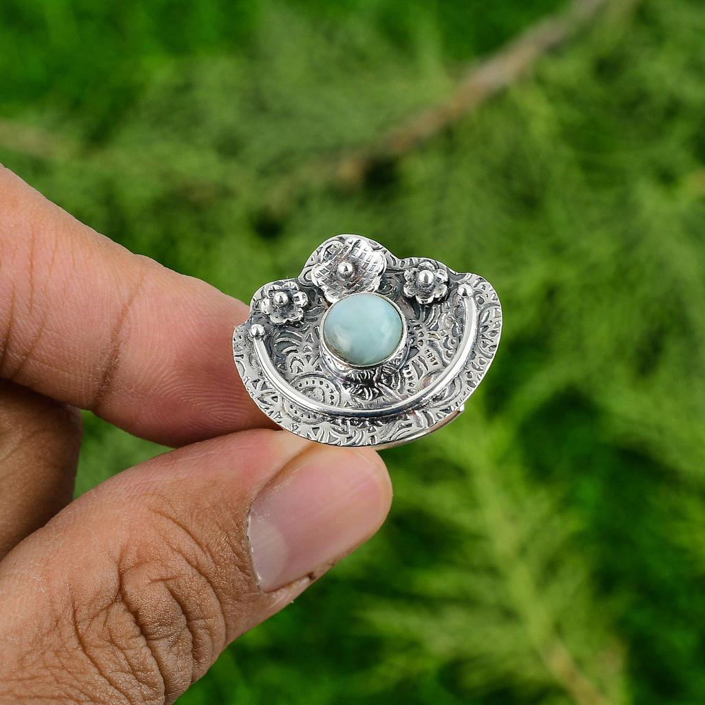Natural Larimar Gemstone Multi Stone Flower Adjustable Ring 925 Silver For Girls