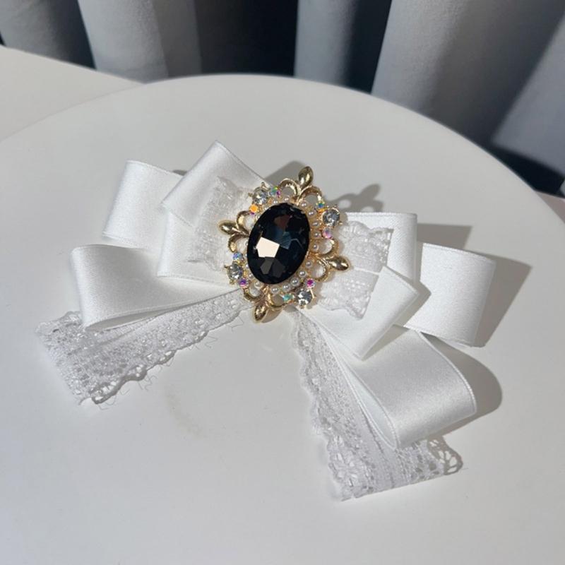 Elegante Spilla a Forma di Fiocco in Pizzo e Nastro per Donna, Nodo Pre-annodato, Jabot, Collo con Strass, Cristallo per Eventi Formali