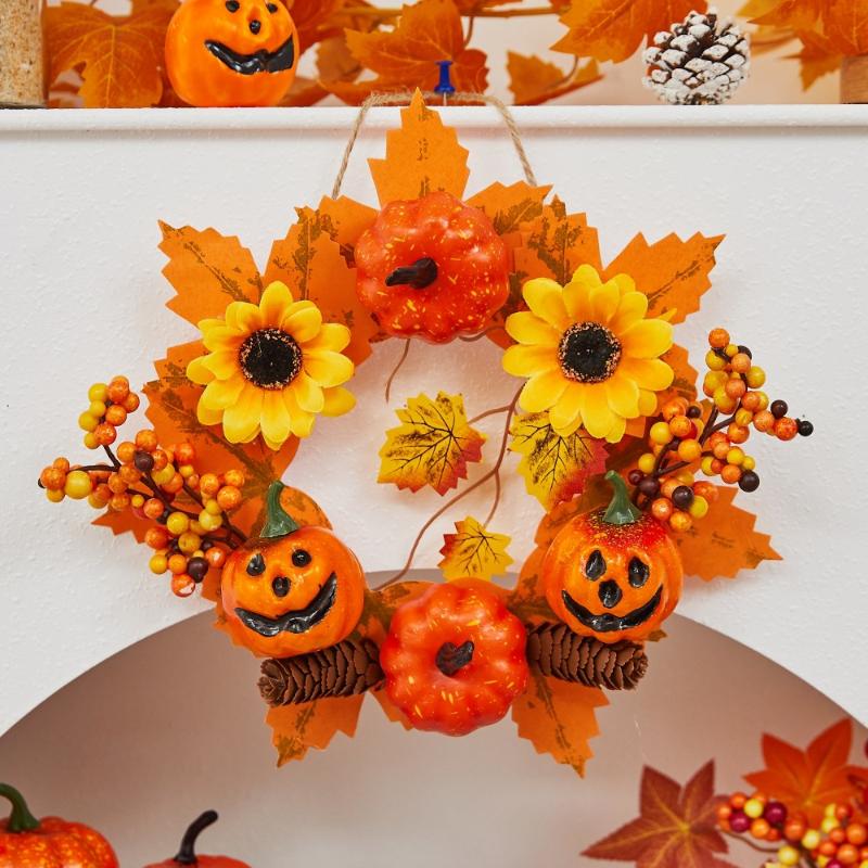 Pumpkin Garland with LED Light Halloween Ghost Festival Decoration Maple Leaf Accented Wall Hanging for Scene Layout Door