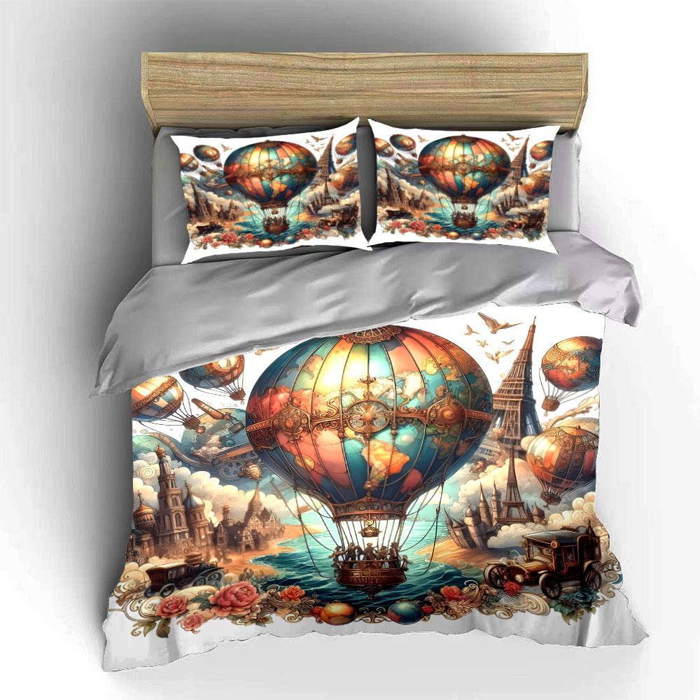 Vintage Hot Air Balloon Decor Multiple Sizes Kid'S And Adults' Bedroom Exquisite 3Pc Bedding Set, Gift