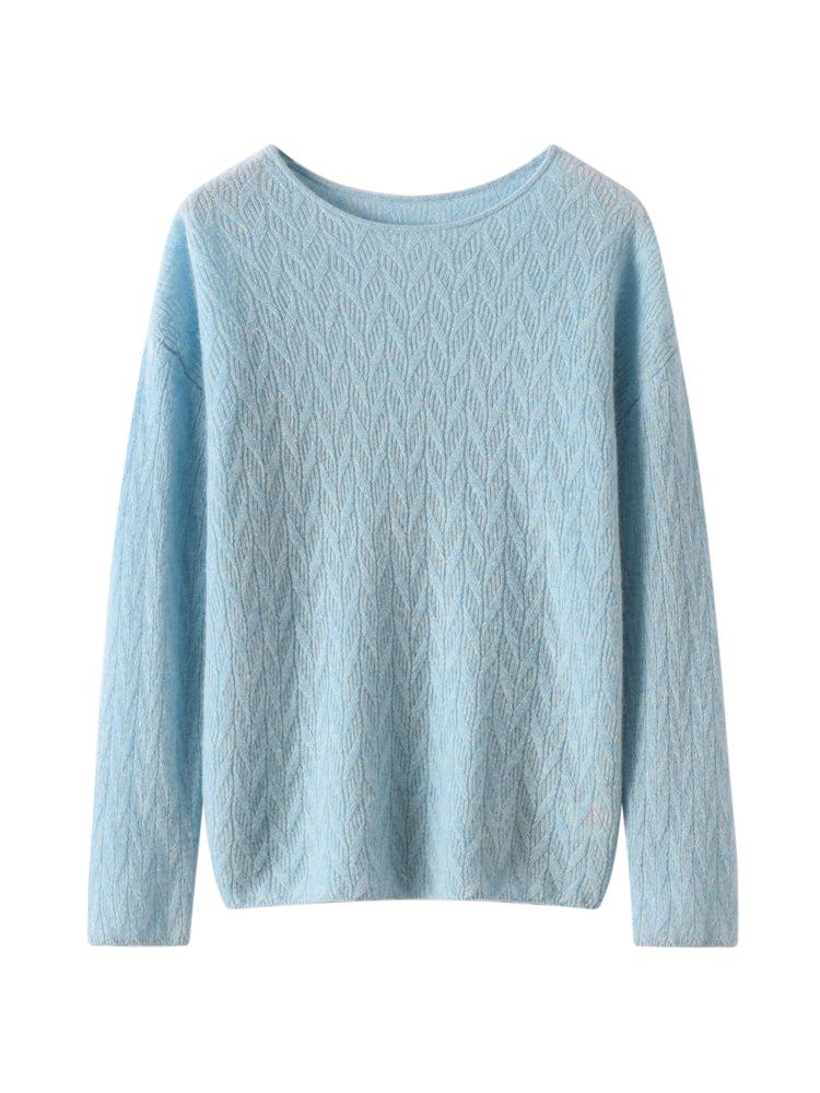 Women's 100% Pure Cashmere Floral Pattern Round Neck Loose Knit Pullover Sweater