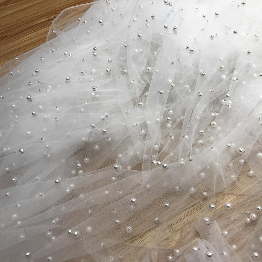 1 Meter/Los 150cm breit Ultra breiter perlenbesetzter transparenter Hintergrund angeordnetes Netz verbreiteter Perlenschleier Hochzeitskleidstoff