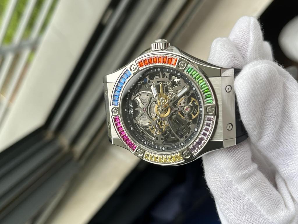 Haofa Skelett-mechanische Armbanduhr mit automatischem Aufzug, Gangreserve 80 Stunden, Diamant-Lünette, hohles Zifferblatt, leuchtend, wasserdicht, Armbanduhr, Geschenk für Herren