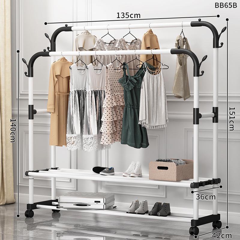 Minimalist Indoor Floor-Standing Coat Rack with Double Pole and Shelf for Bedroom or Balcony