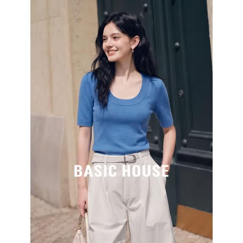 Basic House Women s Ice Silk Knitted U-Neck Short-Sleeve Top L