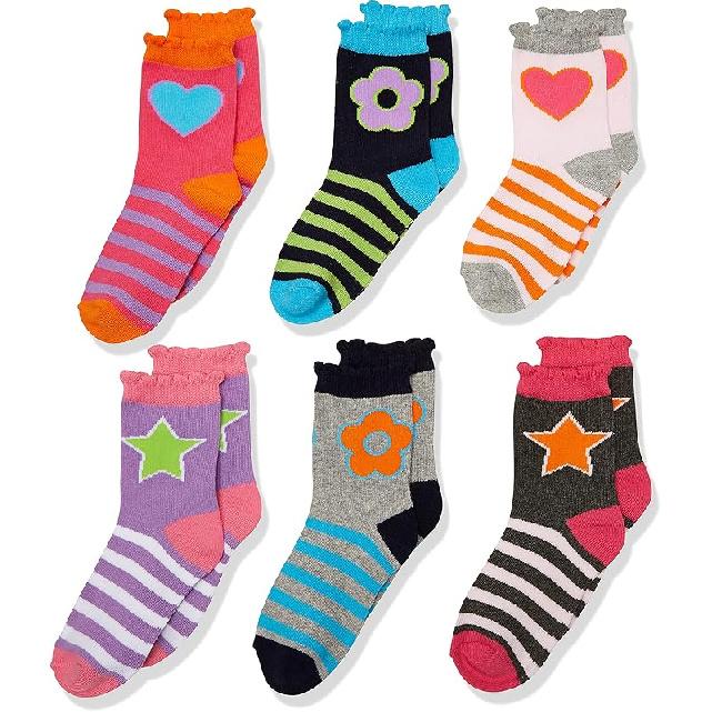 Jefferies Socks Girls  Hearts/daisies/stripes Fashion Crew Socks 6 Pack Small