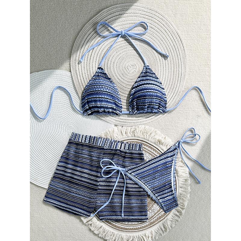 

Новые Сексуальные Полосатые Бикини Женские Купальники Женские Купальные Костюмы из 3 предметов Пляжная Купальная Одежда Купальники Комплект Бикини Бассейн Купальщица L синий