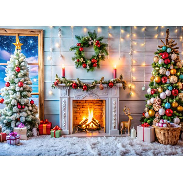 Beenle Christmas Photography Backdrop Xmas Tree Fireplace Gifts Family Party Decor Kids Portrait Background Decor Photo Studio