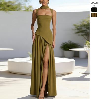 New Women's Clothing Winter Fashion Temperament Suspender Slim Fit Solid Color Split Streamer Dress Women