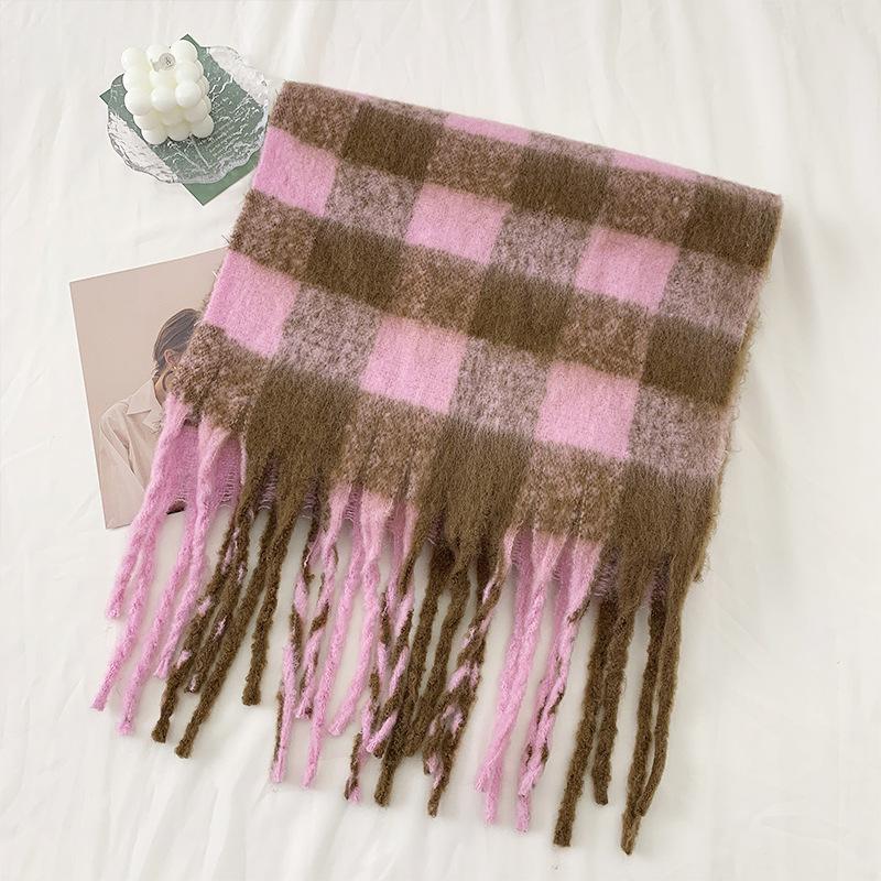 New mohair plaid scarf, versatile in autumn and winter, Korean atmosphere imitation cashmere small version student warm scarf