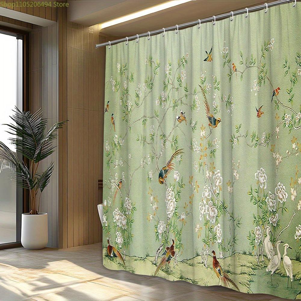 1pc Vintage Floral Shower Curtain with Birds and Blossoms, Soft Green Polyester Fabric, Fashionable Woven Bathroom Decor, Mach