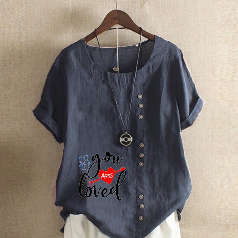 Women's Fashion Love Letter Prined Short Sleeve T-shirt Loose Cotton Shirt Casual Loose Summer Blouse Plus Size Tops