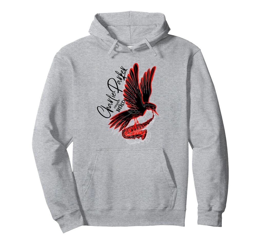 Charlie Parker Red and Black Bird Hoodie with Saxophone