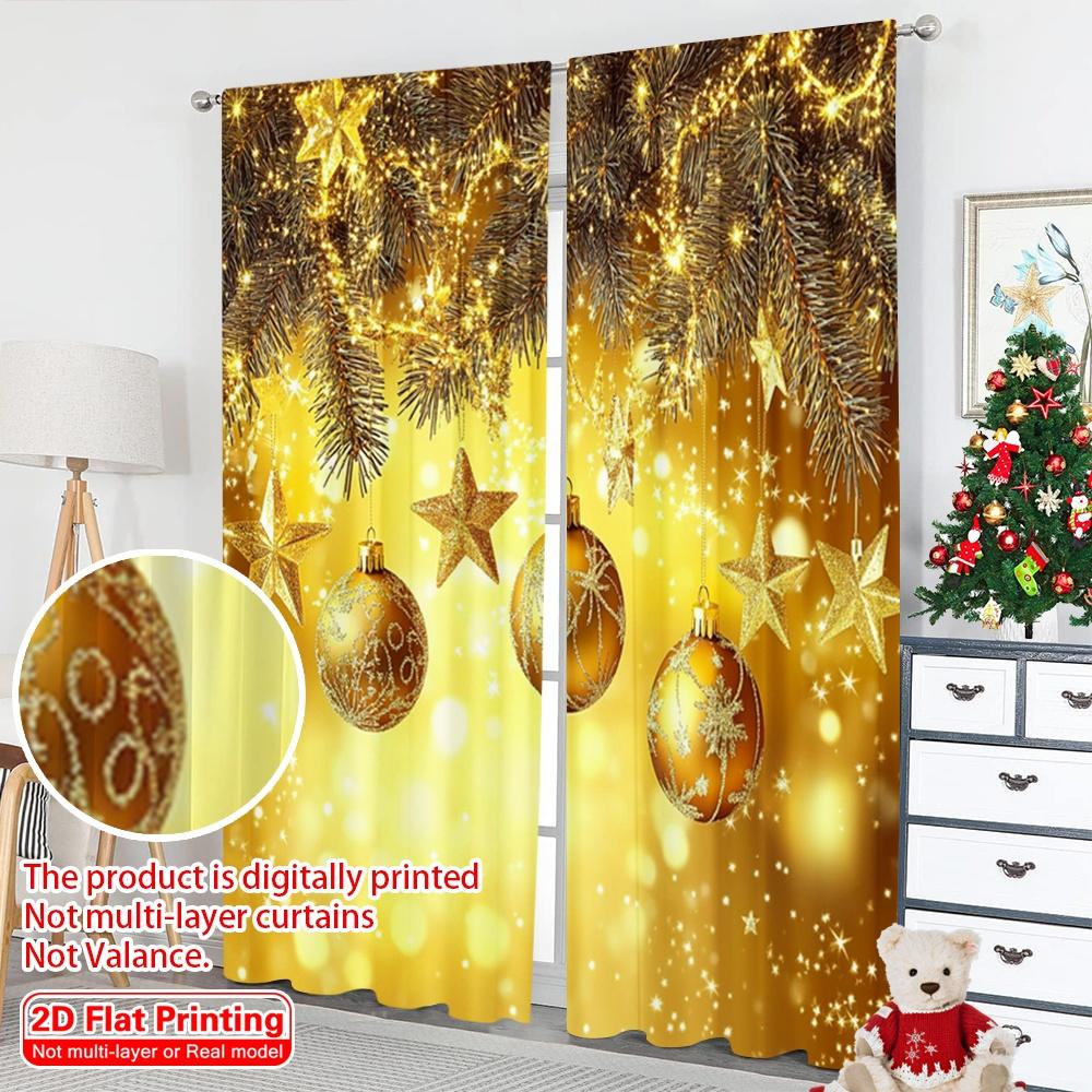 Set Of 2 Flat Printing Christmas Hot Party Curtains Golden Deluxe Ball Scopic Stylish Polyester Fiber Spring Curtain