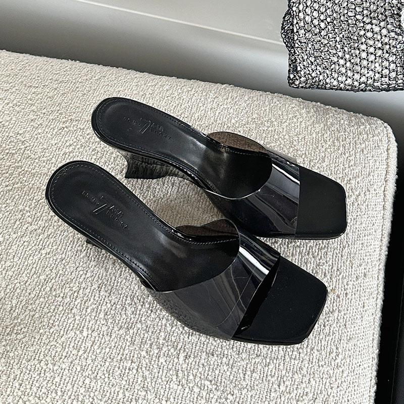 

Fashion Fashion Transparent Women Heeled Wedges Slippers Shoes Spring Summer Ladies Wedges Slippers Slides Sandals Shoes Female Pumps 35 чёрный