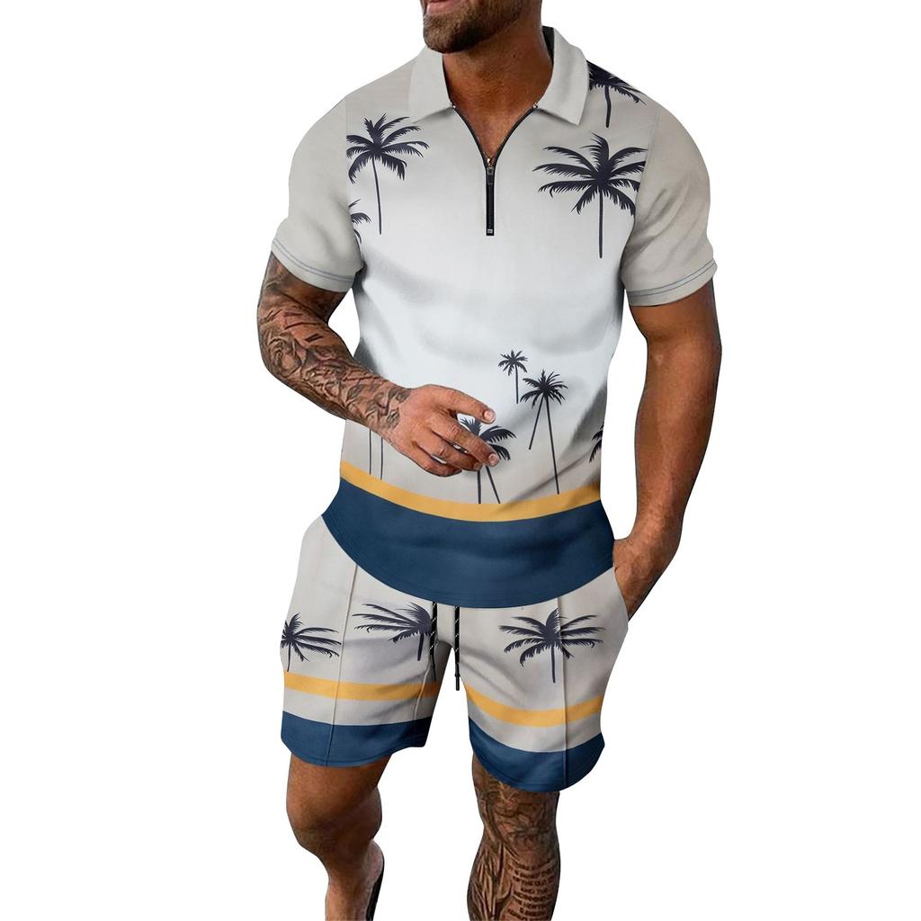 Men's Summer Printed Zipper Lapel Short Sleeve Top Shorts Suit Men's Casual Sports Suit