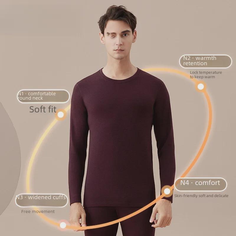 Carsonland Men's Wool Thermal Underwear Set with Mid-Collar and Velvet Lining for Winter