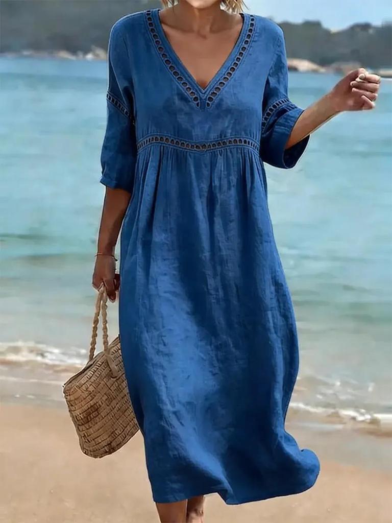 2026 Abito Elegante Casual da Donna a Scollo a V Monocolore Primavera/Estate