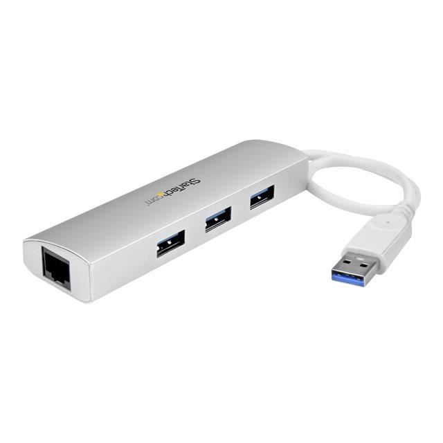 STARTECH Portable USB 3.0 Hub - 3 Ports with Integrated Cable - USB 3.0 Hub Plus Gigabit Ethernet - Aluminum
